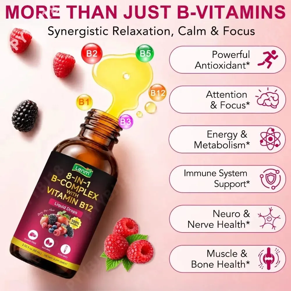 8-in-1 Vitamin B Complex Drops Maximum Absorption with Folate Vitamin B12 Supports Energy Focus Metabolism & Nervous Health 60ML — image 2