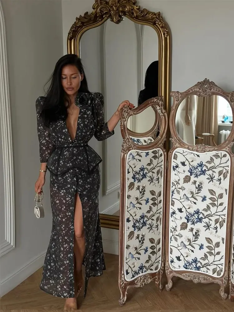 Chic Puff Sleeve Flora Printed Maxi Dress V-neck Waist Cinching Split Elegant Women's Dresses for Party 2026 Female Clothing New