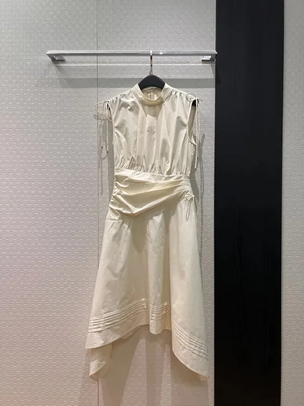New 2026 spring summer women drawstrings stand collar cotton dresses sleeveless folds irregular dress