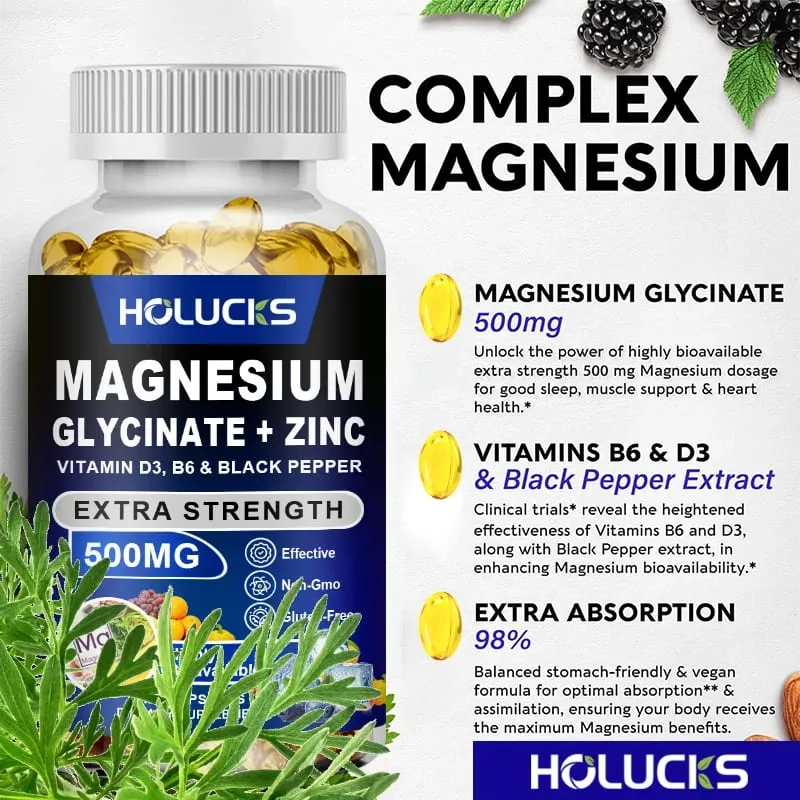 Magnesium Glycinate & Zinc Supplement for Muscle Joint Bone Enzyme & Heart Health Support Immune Relaxation Mood