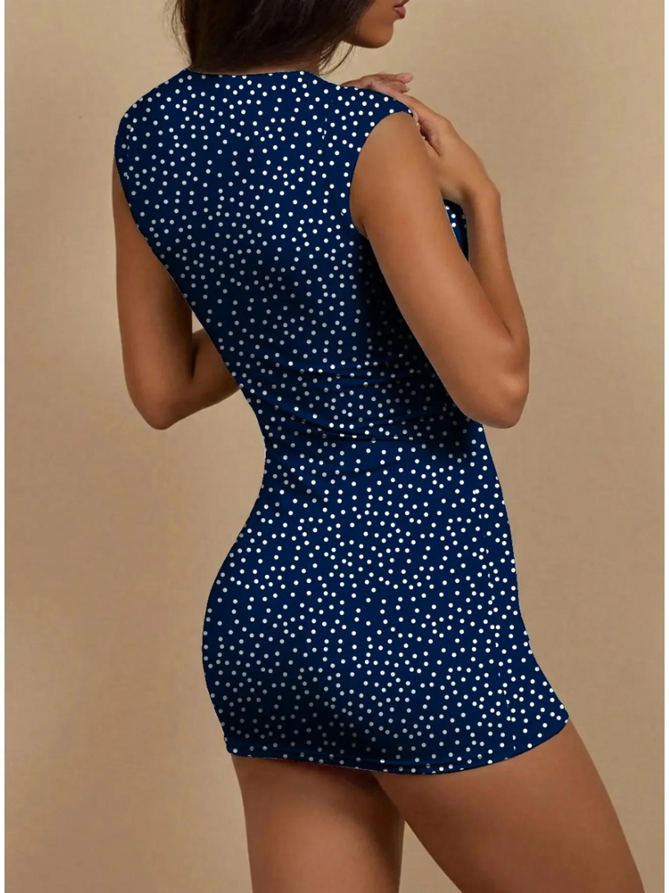Women's Summer Casual Waist Cinched Square Neck Polka Dot Printed Sleeveless Dress Mid Length Skirt