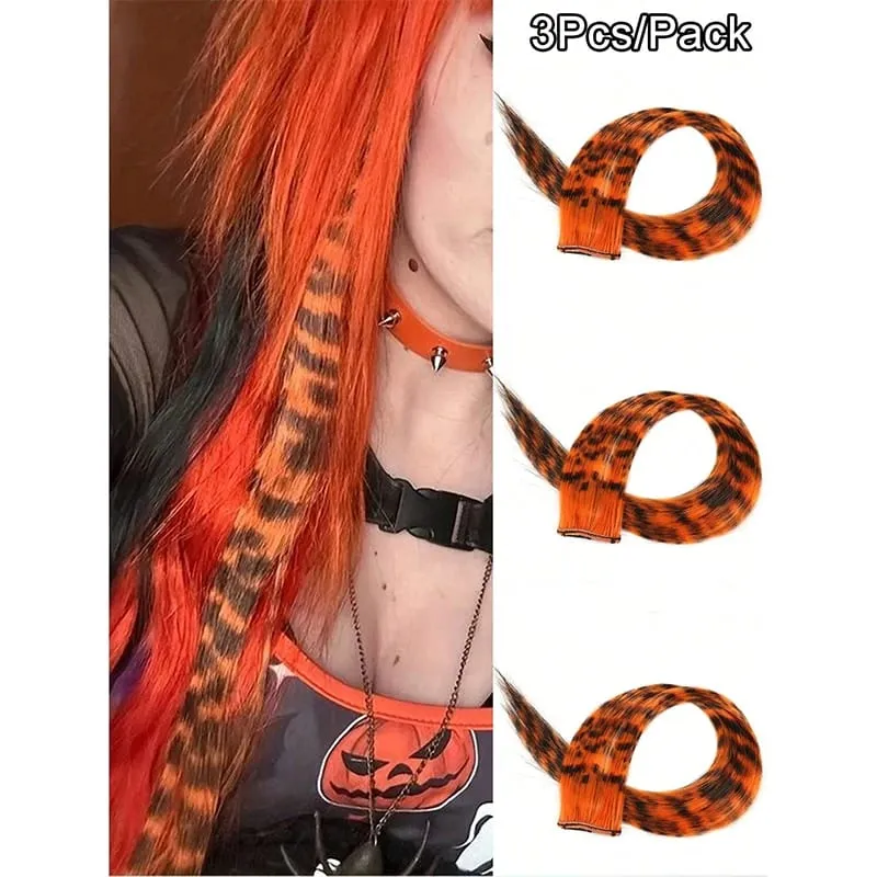 3Pcs Leopard Print Hair Extensions Synthetic Stripe Printed Hair Piece Colorful Long Straight Clip In Hair For Women Girls Party — image 17