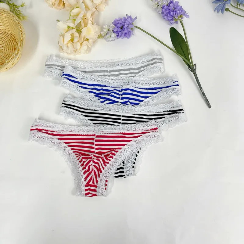 Men Lace Trim Striped G-string Underwear Half-covered Butt Low-rise Pantie Breathable Sexy U Bulge Pouch Comfortable Tong