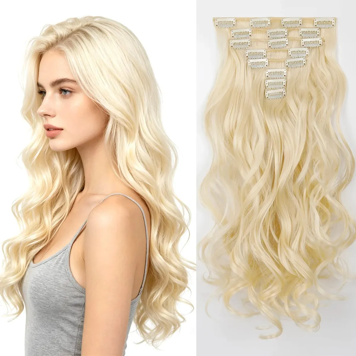 Clip in Hair Extensions Set Full Head 8Pieces With 17clips Synthetic Wavy Hair 20 Inch Matte Heat Resistant Multi Colors