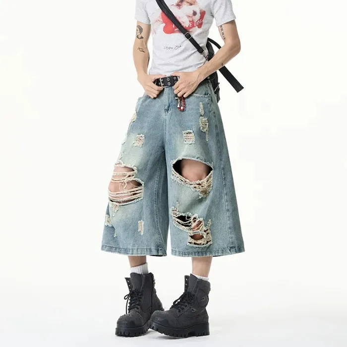 Summer Trendy Men Jeans Ripped Loose Casual Man Pants Artistic Design Cropped Long Denim Trousers