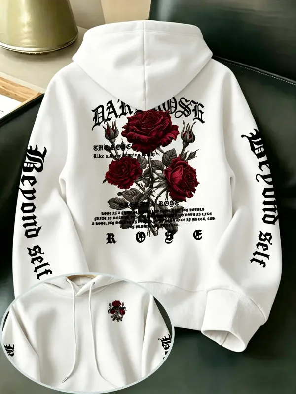 Men's Gothic Rose Hoodie Dark Red Rose Letter Graphic Back Sleeve Print Vintage Oversized Pullover Sweatshirt Streetwear Autumn — image 7