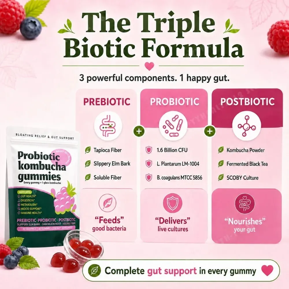 Probiotic Kombucha Gummies Every Gummy 1 Glass Kombucha Prebiotic Postbiotic Digestive Gut Health Vegan Berry Bliss 30 Gummies