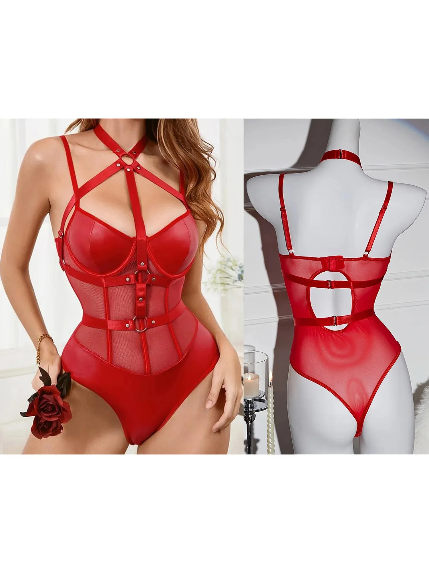 Women's Mesh PU Leather Bodysuits Sleeveless Halter Hollow Out Leotard Body Top Jumpsuits for Party Club — image 9