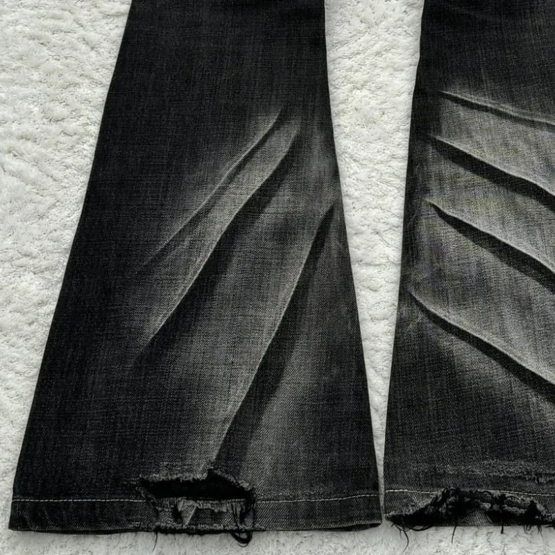 Y2K Distressed Flare Jeans Gothic Men Double Waist Lace Up Denim Pants Retro Washed Scratches Streetwear Unisex Bootcut Jeans