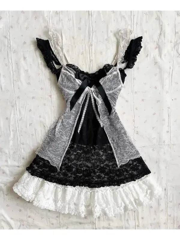 Pakaian Perca Renda Vintaj Y2K Wanita Set Dua Keping Kardigan Retro Elegan Musim Panas + Pakaian Mini Ramping Tanpa Lengan Fesyen Manis
