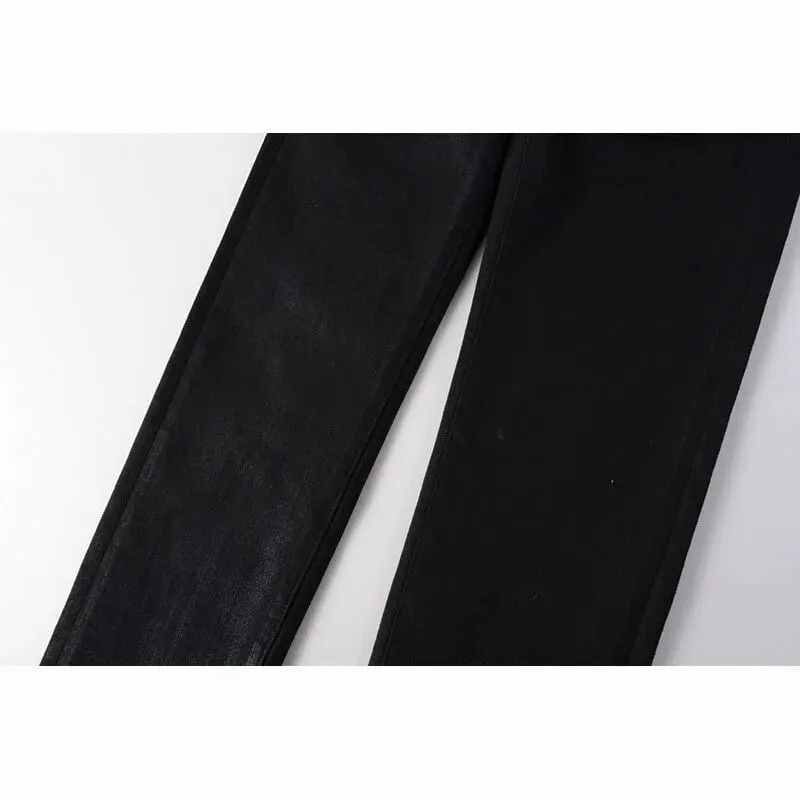 Men's Black Coated Slim Tapered Jeans Washed Distressed Design Button Fly High Street Style