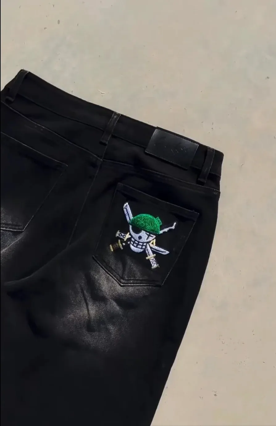 Y2K Anime Patroon Geborduurde Jeans Baggy Wijde Pijpen Stretch Jeans Streetwear Harajuku Hip Hop Donkere Retro Mode Rock Denim Broek