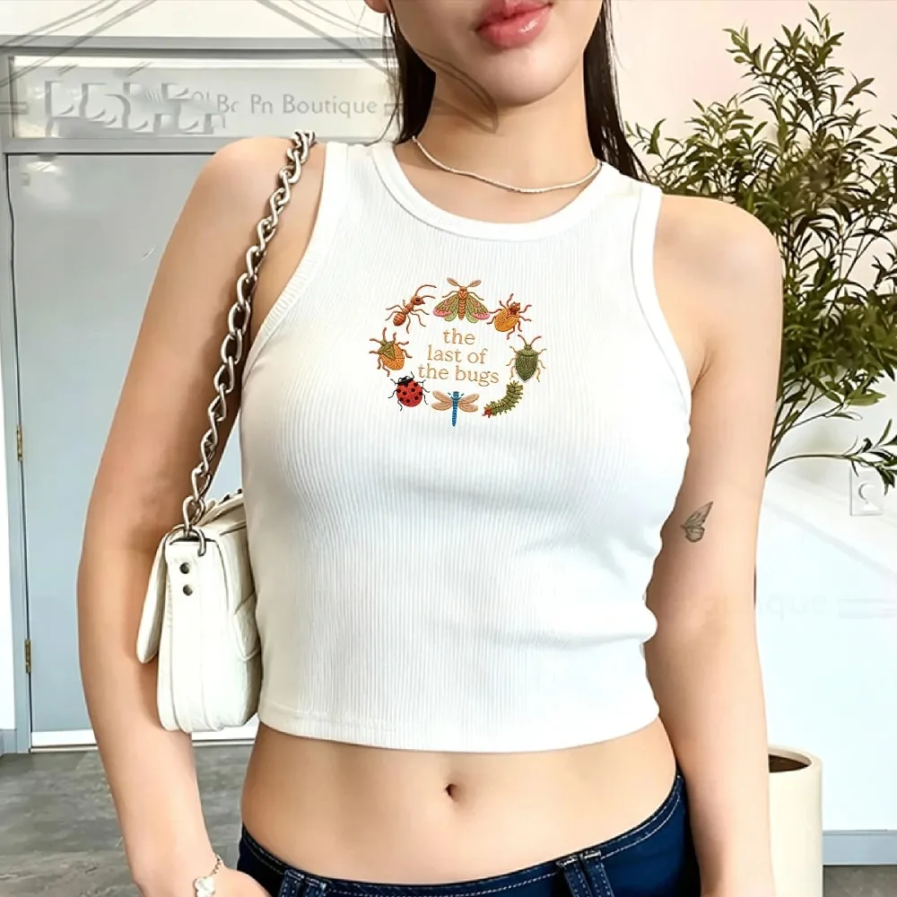 Cropped Ribbed Faux Embroidery Tee Shirt Y2K Cottagecore Insect Bug Print Vest Tank Top Summer Minimal Nature Gift for Her Lady — image 4