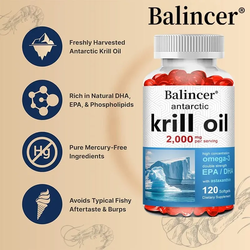 Antarctic Krill Oil 2000mg Supplement 3X Strength Natural Source of Omega-3s EPA 240mg + DHA 160mg + Astaxanthin 800mcg