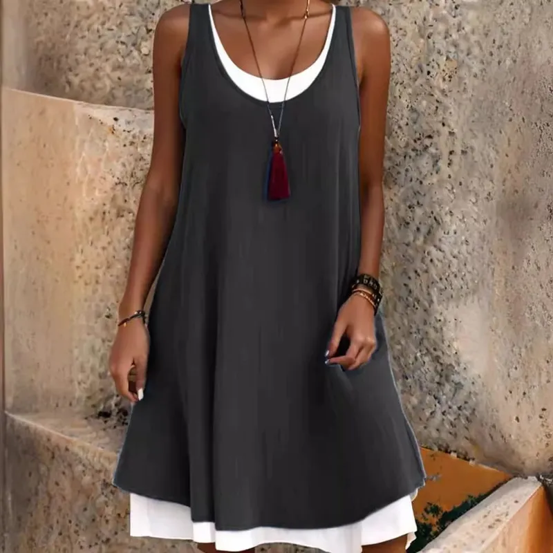 Women's Solid Dress Fashion O Neck Pullover Sleeveless Fake Two Piece Loose Beach Dresses For Women Summmer New Womens Clothings — image 4