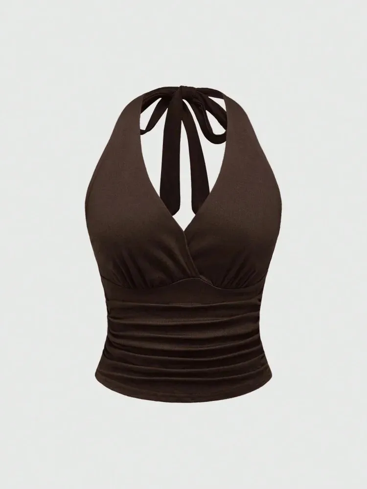 Solid V-neck Backless Halter Crop Top for Women Summer Sexy Y2K Sleeveless Ruched Top Streetwear — image 12