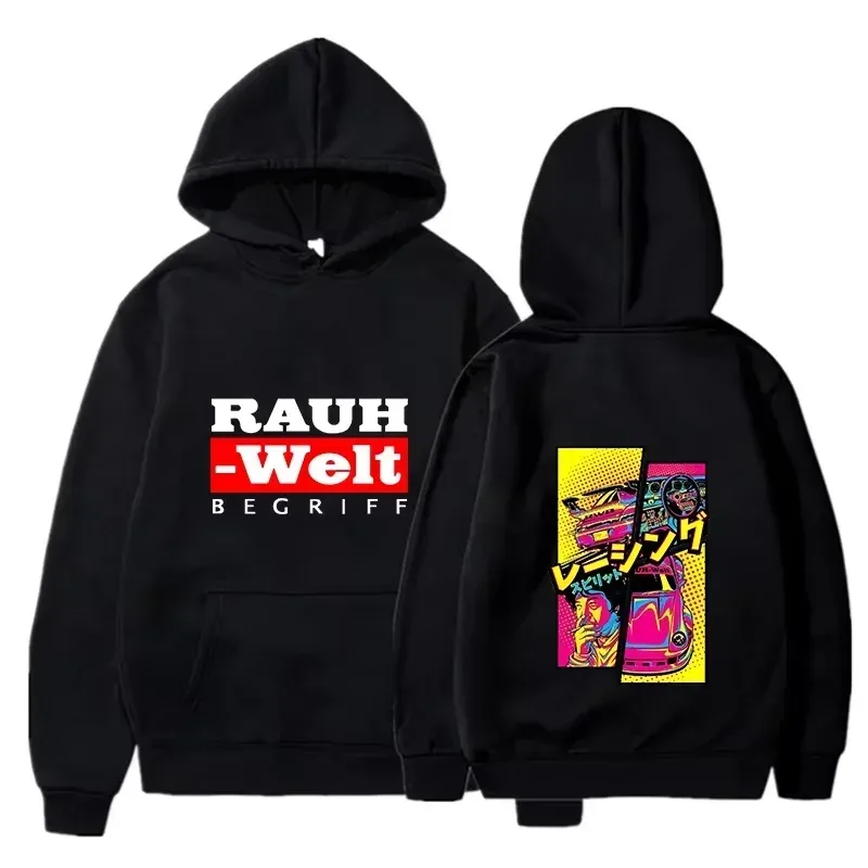Rauh Welt Hoodie Car Widebody Tuning JDM Racing Pop Art Komik Estetik Hitam Bersaiz Besar Baju Kasual Lengan Panjang