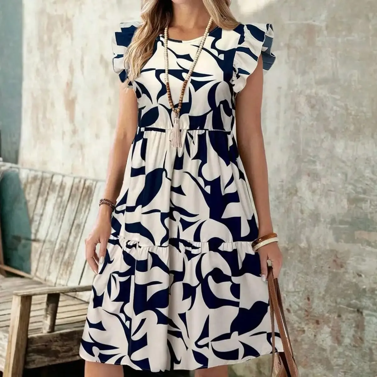 Womens Navy Blue Abstract Print Ruffle Sleeve Tiered Midi Dress Round Neck A Line Summer Casual Dress — image 6