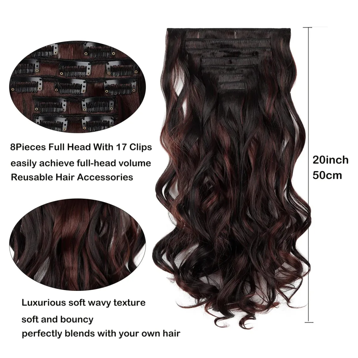 Clip in Hair Extensions Set Full Head 8Pieces With 17clips Synthetic Wavy Hair 20 Inch Matte Heat Resistant Multi Colors