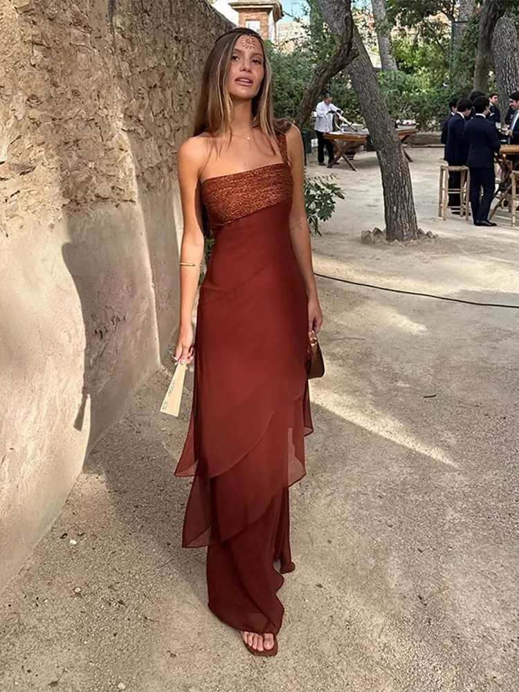 Elegant Patchwork Women's Dress Sleeveless Cascading Ruffle Skew-Collar Lady Long Dresses 2026 Summer Chic Female Vacation Robe — image 2