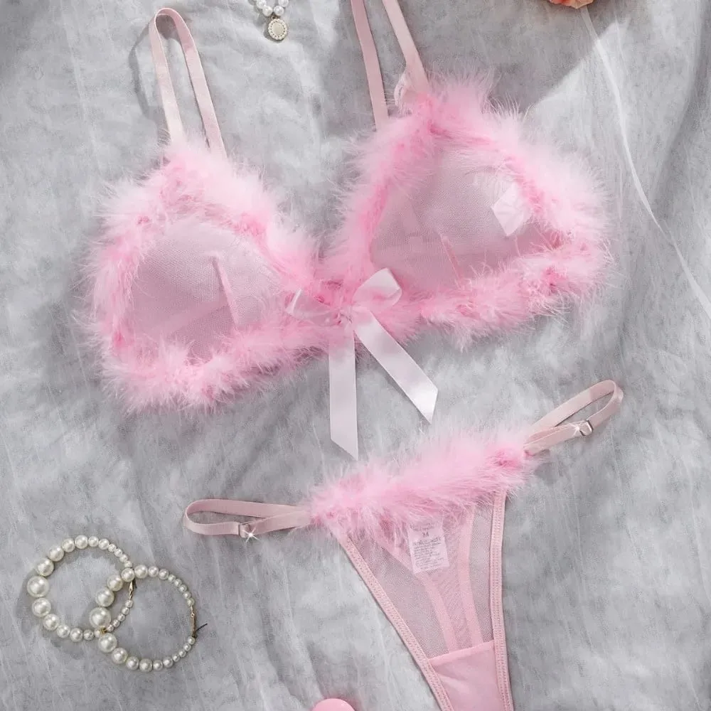 Furry Women's Underwear Wireless Mesh Transparent Lingerie Set Bow Decor Romantic Intimate Bra Panties Suit Valentine's Day