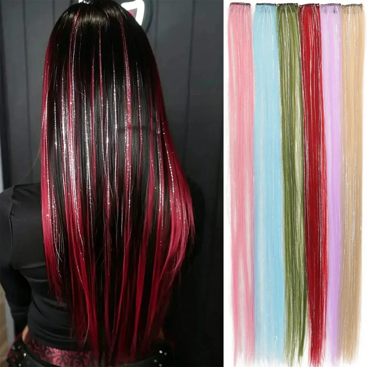 1pcs 24inch Colored Clip in Hair Extensions Long Straight Colorful Highlights Hair Pieces Synthetic Rainbow Hairpieces for women — image 2