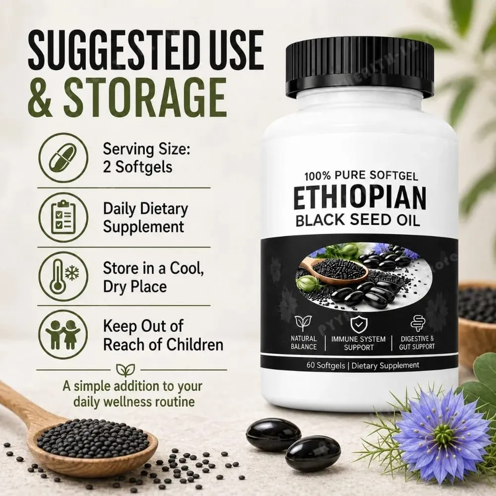 Ethiopian Black Seed Oil Softgels 800mg Cold Pressed Nigella Sativa Immune Digestive Gut Support Supplement 60 Count Non-GMO — image 4