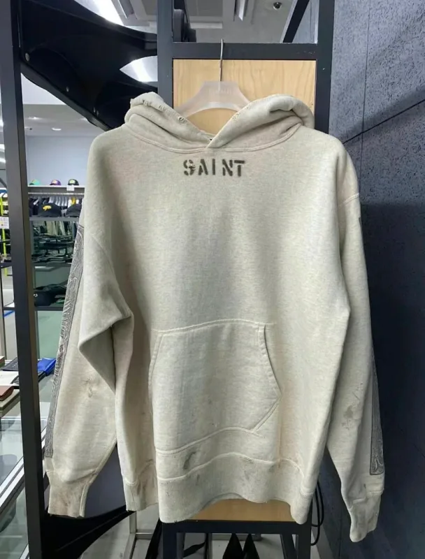 24FW SAINT Vintage Angel Printed Distressed Women Men Hooded Sweatshirt Hoodies Oversized Men Casual Cotton Pullover Hoodie