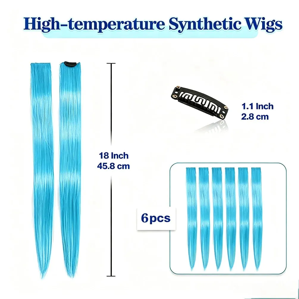 6 Pcs Synthetic Bright Cyan Clip In Hair Extensions Straight Colored Highlight Hair Streaks Heat Resistant Synthetic Fiber — image 4