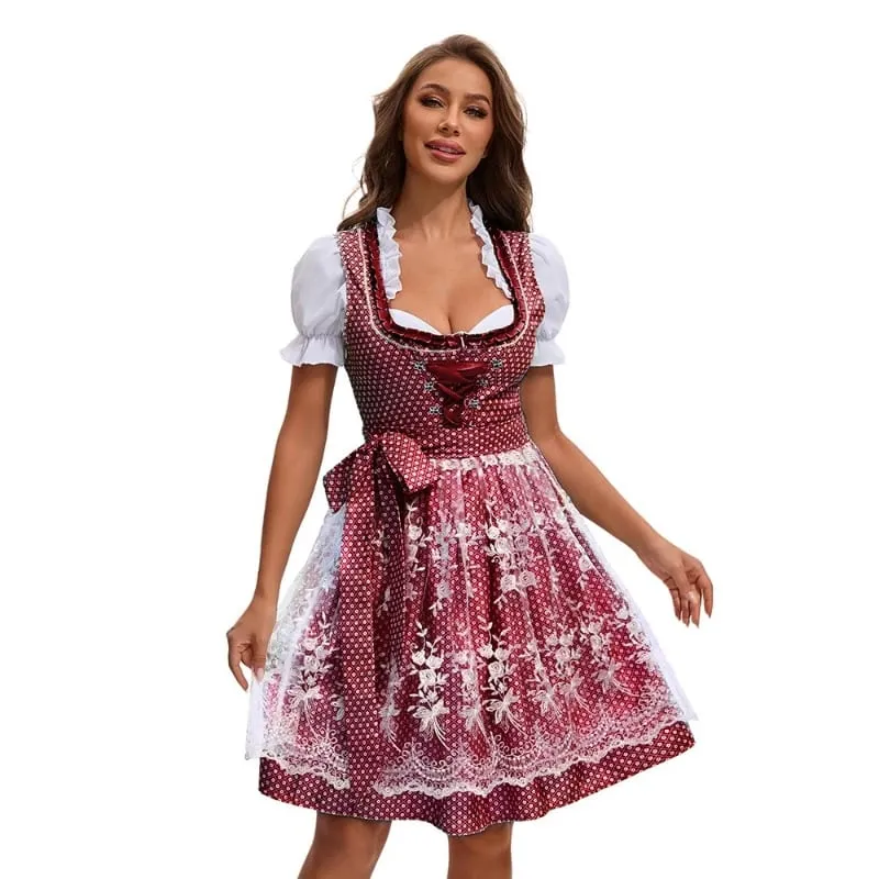 2025 Multicolor Munich Oktoberfest Dress for Women Bavarian Traditional Ethnic Print Beer Skirt with Top and Apron Maid Costume — image 4