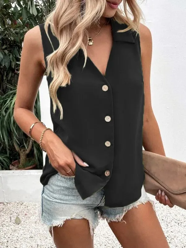 Women's V-Neck Button Chiffon Blouse Summer Lightweight Loose Casual Sleeveless Top Office Lady Solid Color Basic Vest — image 10