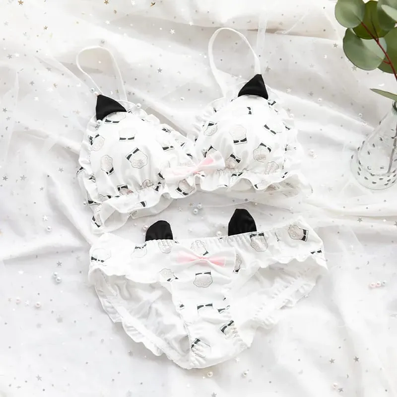 Nhật Bản Mềm Mại Bé Gái Bộ Áo Ngực Dễ Thương Mèo Con Paw Thiết Kế Vải Lụa Sữa Không Dây Tam Giác Cúp Quần Lót Nữ
