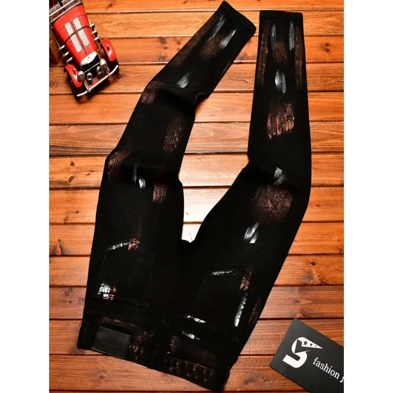 Jeans Hitam Musim Gugur 2025 Pakaian Pria Jalanan Gambar Grafiti Inkjet Pria Celana Denim Retro Kelas Atas Tren Nostalgia