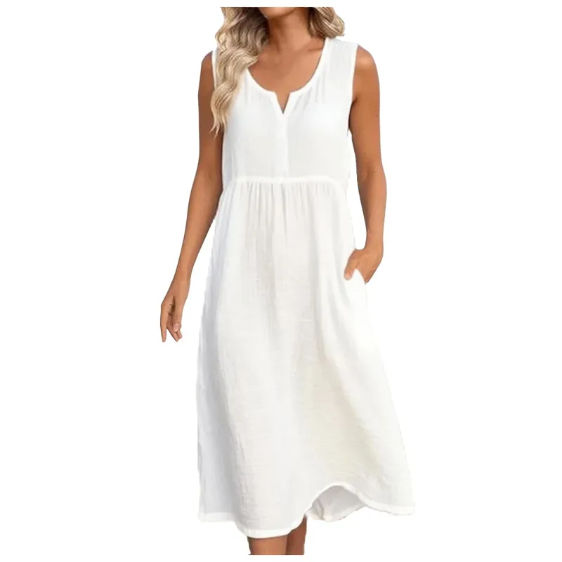Womens Cotton Linen Midi Dresses Sleeveless Loose Comfy Beach Dress With Pockets Solid Color Casual Holiday Party Sundress