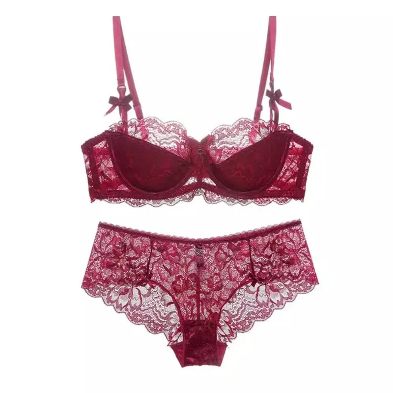 Best Sellers Women Sexy Lace Half Cup Bra Set Soft Underwire Gathered Thin Push Up Elegant Exquisite Lace Comfort Lingerie Set