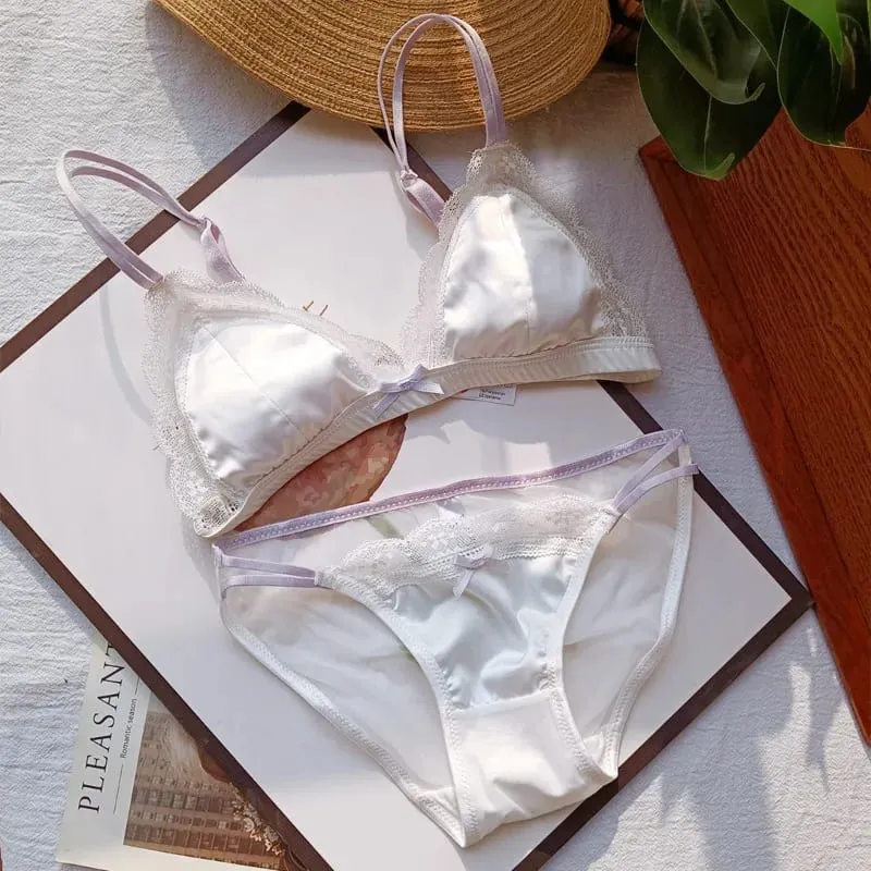 Classic French Bralette Without Underwire Elegant Lace Small Cup Lingerie Fashion Girl 3-Piece Bra Set with Soft Shaped Cup — image 13