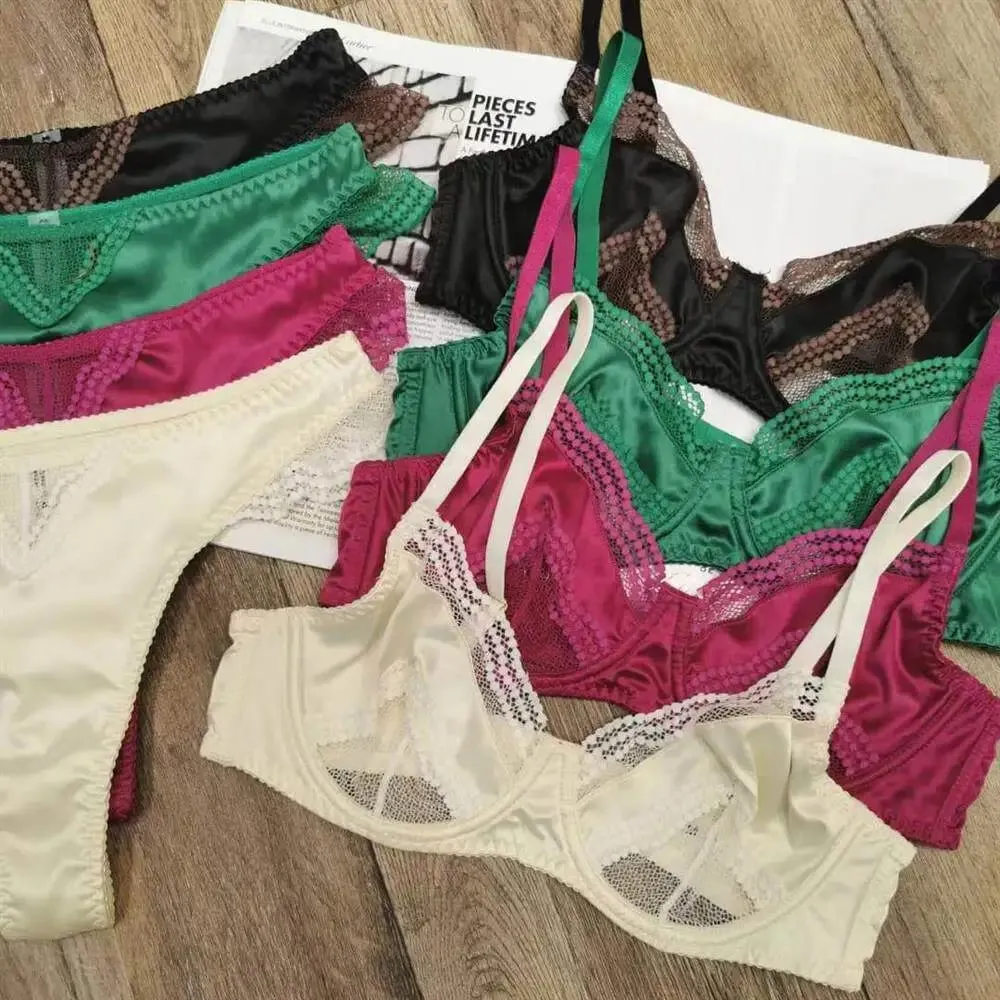 Satin Dessous-Set Französischer Spitzen-BH mit Vorder-Verschluss - Ultra dünn Minimizer & Push Up für jede Größe BANERDANNI AB