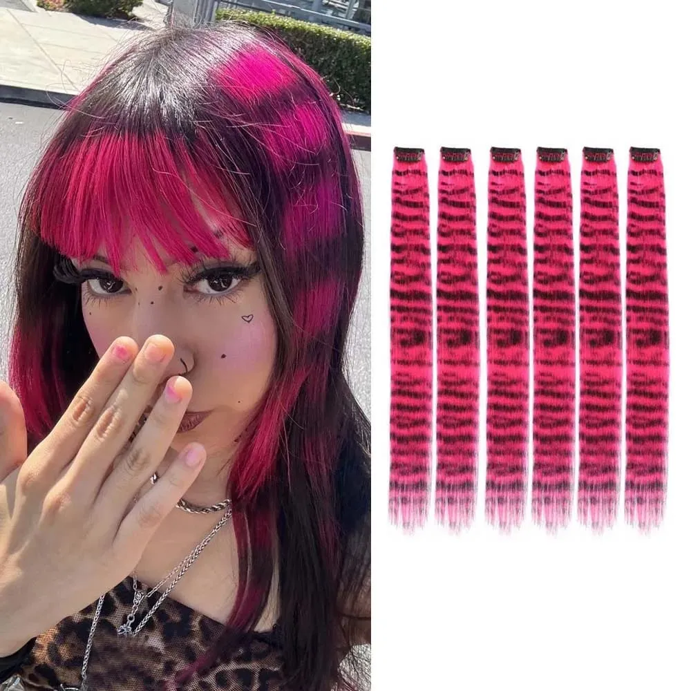 6pcs/set Stripe Printed Hair Colorful Long Straight Hair Piece Synthetic Clip-in Hair Extensions Daily Party Halloween Christmas