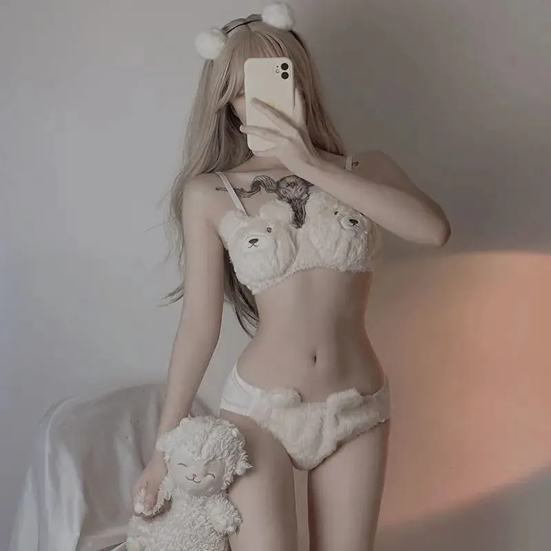 Cute Bra Sets Women's Intimates Plush No Steel Ring Push Up Bra & Brief Sets Sweet Bear Lolita Winter Velvet Student Underwear — image 3