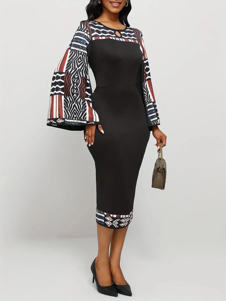 Women's Geometric Pattern Dress Bohemian Bell Sleeve Long Sleeve Asymmetrical Slit Maxi Dress — image 4