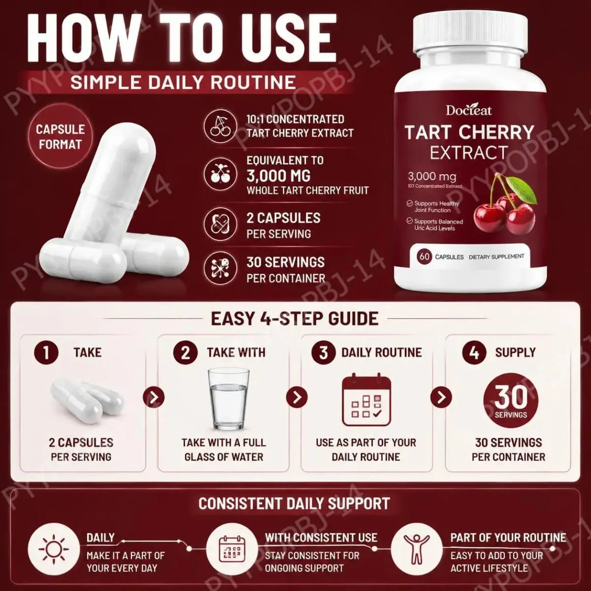 Docteat Tart Cherry Extract Capsules Supports Balanced Uric Acid Levels and Post-Exercise Recovery Comfort 10:1 60 Capsules — image 6
