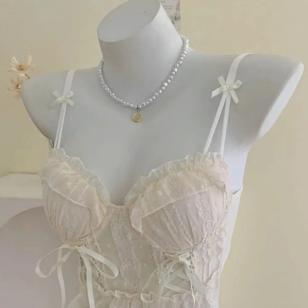 Women Lace Lingerie Set Ruffle Edge Mesh Cross Strappy Push Up Bra For Small Chest Sweet Soft Daily Comfy Underwear Two Piece