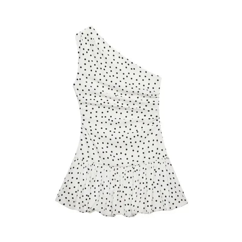 Women One Shoulder Sleeveless Polka Dot Mini Dress Ruched Waist Ruffle Hem Elegant Casual Party Short Dress Spring Summer — image 4