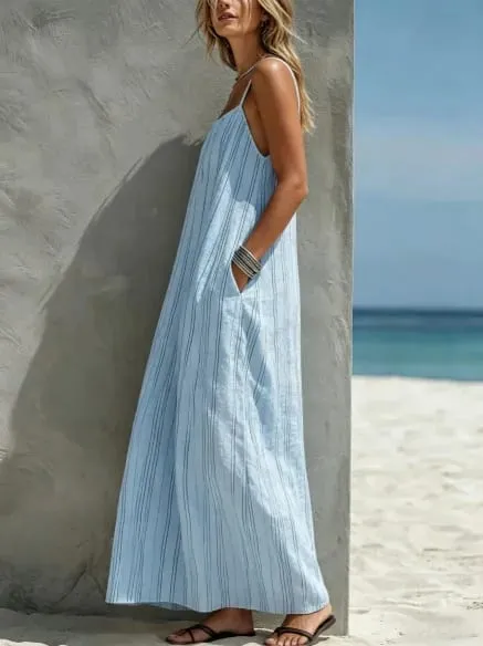 Summer New Striped Casual Camisole Sleeveless Strap Strip Pocket Women Maxi Dress Dresses