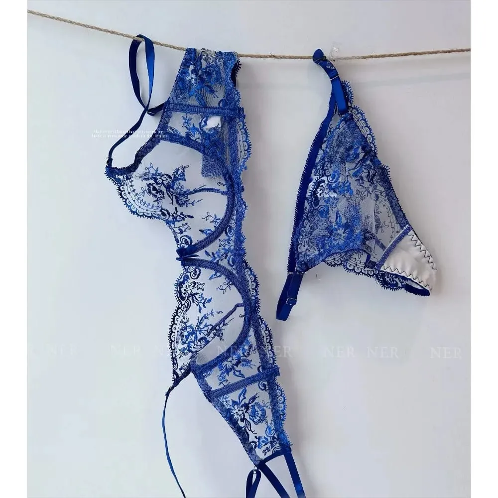 French Style Mesh Embroidery Lace Bra Set With Underwire Slightly Sheer Thin Lingerie Minimizer Bra For Big Bust S-XL — image 4