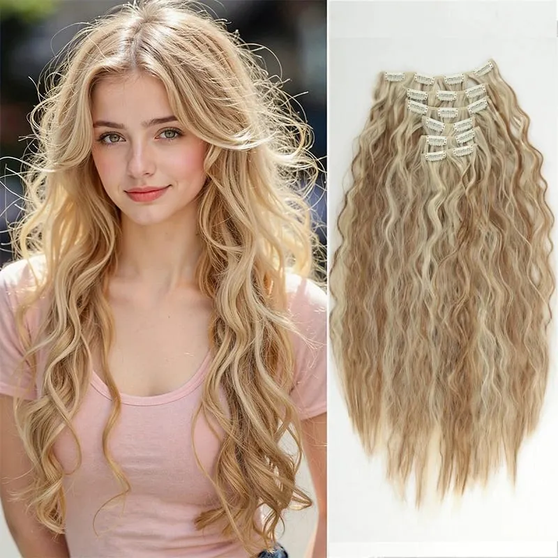 6PCS Clip In Hair Extensions 24" Black Brown Hair Extension Long Mermaid Waves Synthetic Clip On Hairpiece For Women