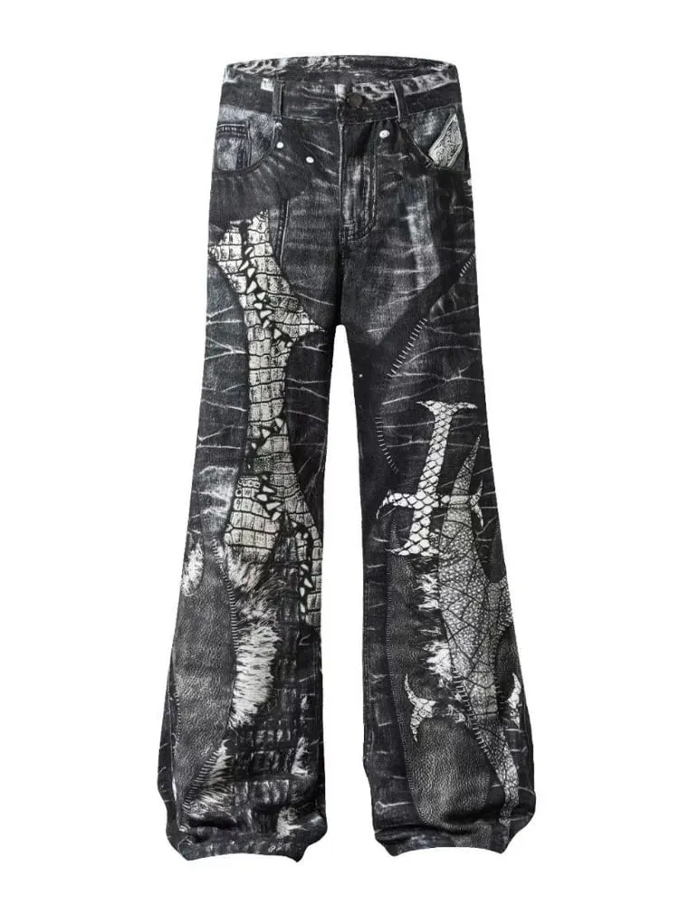 Men's Gothic Crocodile Snake Print Wide Leg Jeans Vintage Washed Denim Pants Streetwear Fashion Loose Straight Fit Trousers
