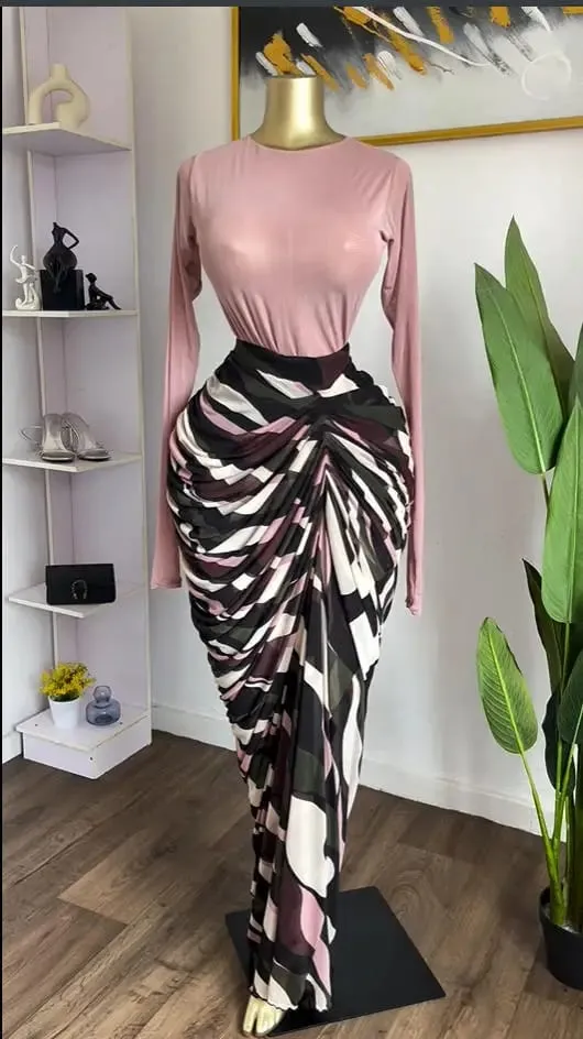 CM.YAYA Women Tie Dye Striped Patchwork Stacked Ruched Bodycon Midi Maxi Long Dress Fall Winter Education Vacation Prom Dresses