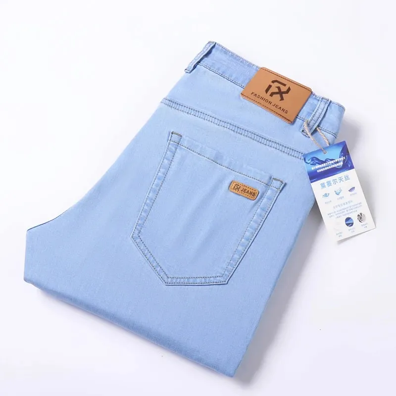 Lyocell Jeans Summer Ultra-Thin Elastic Straight Men's Denim Pants Fashion Korean Soft Drape Cool Business Casual Trousers