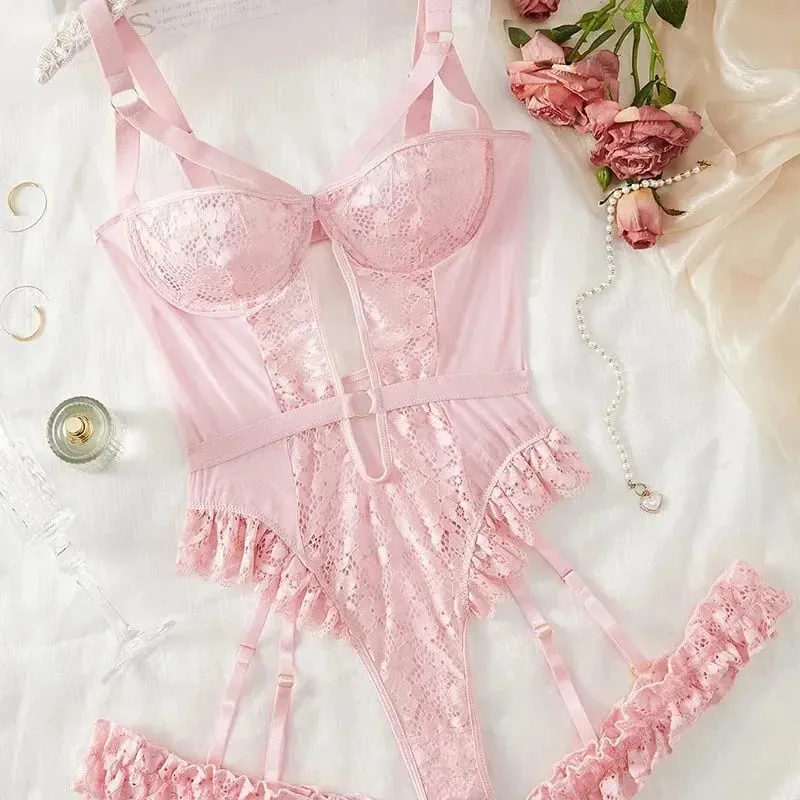 2pcs Red Floral Lace Garter Lingerie Set Women's Underwire Bra Choker Thongs Intimate Ladies Underwear Set